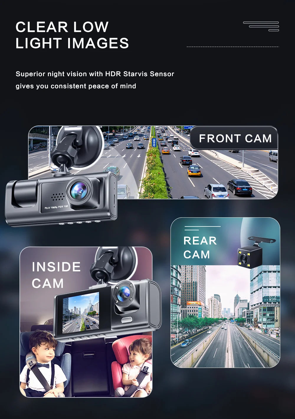 Dash Cam W/ IR Night Vision Loop Recording & 2" IPS Screen 1080P 3 Camera ， DVR recorder, video recorder, Vehicle DVR