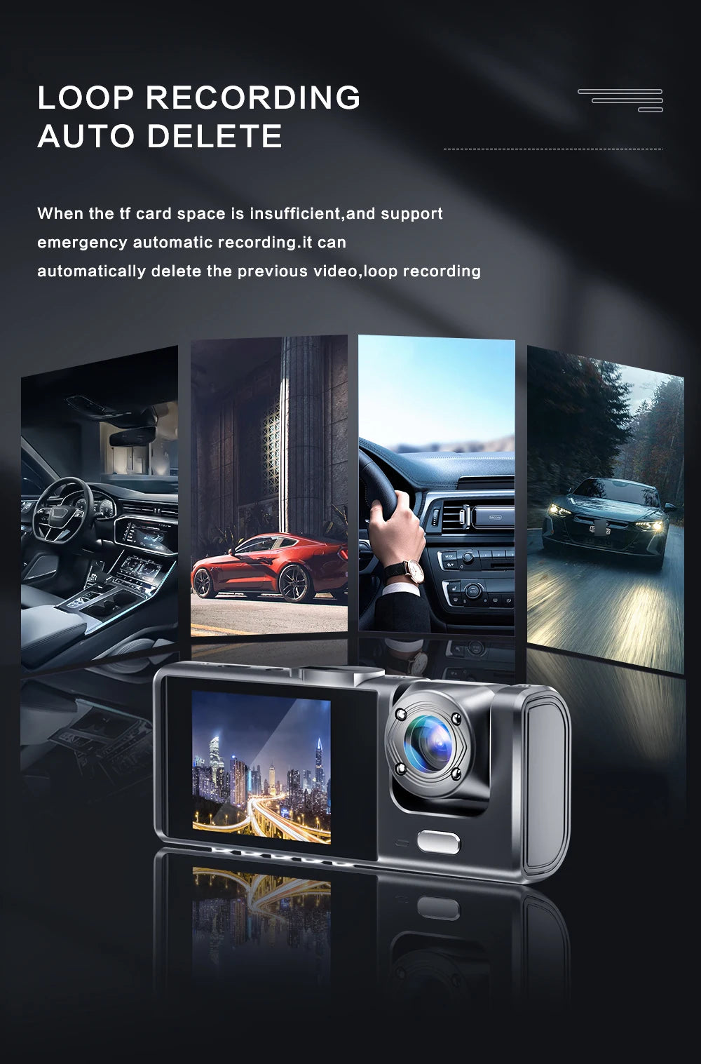 Dash Cam W/ IR Night Vision Loop Recording & 2" IPS Screen 1080P 3 Camera ， DVR recorder, video recorder, Vehicle DVR